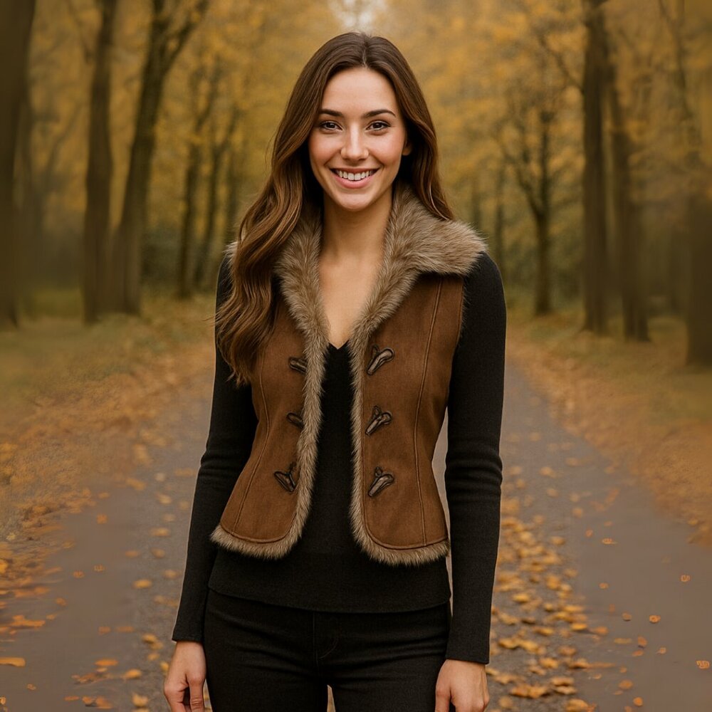 Elie Tahari Vintage Faux Suede and Faux Fur Trim Vest, Size XSmall